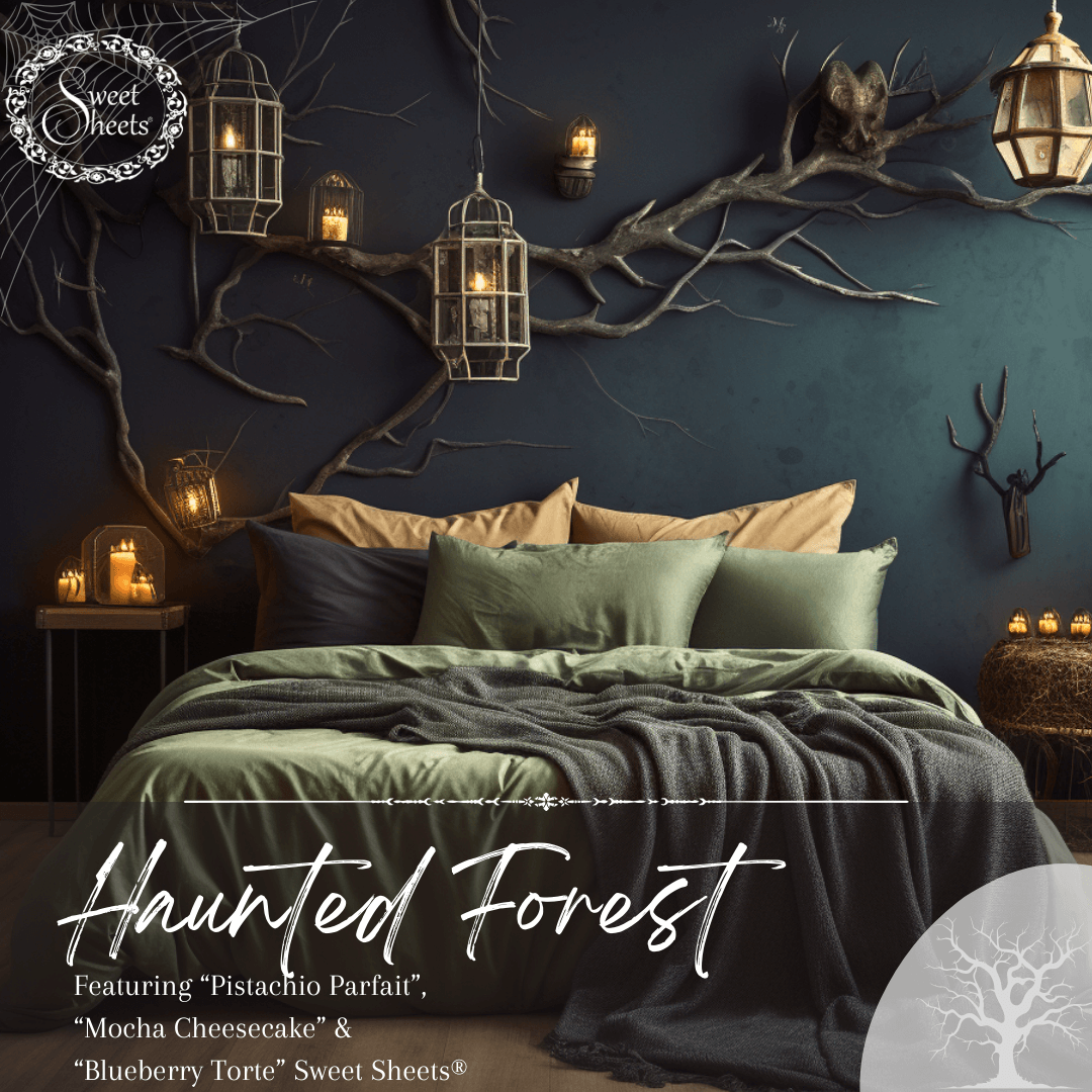Haunted Forest Halloween Bedroom Decor with sage green, navy blue and beige bed sheets